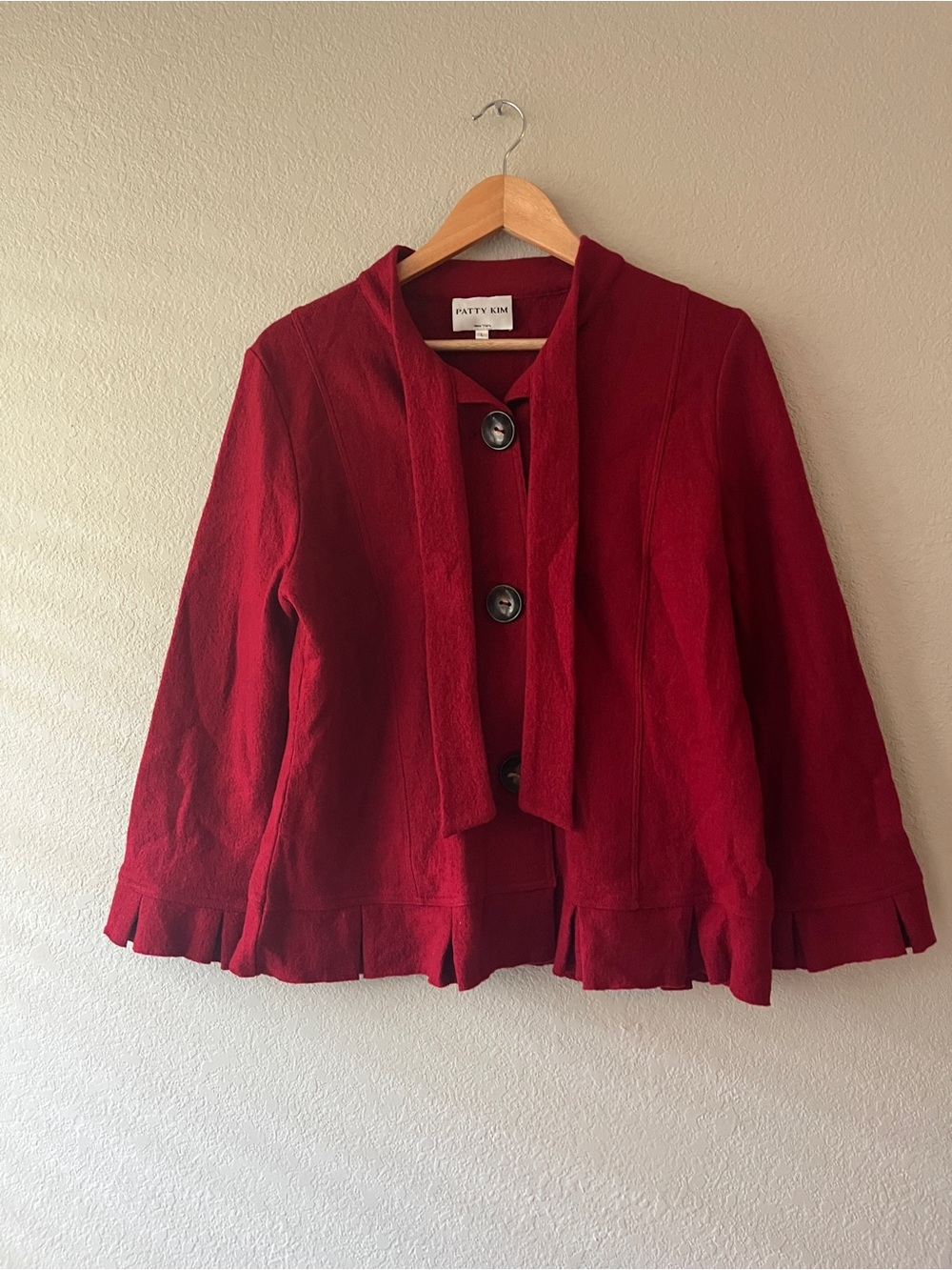Patty Kim Vintage Red Wool Mod Coat with Tie Neck 60s Style